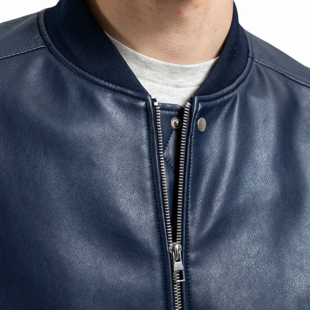 Men's Navy Blue Real Leather Bomber Jacket