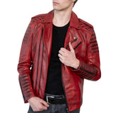 Red Real Leather Biker Jacket with Quilted Details
