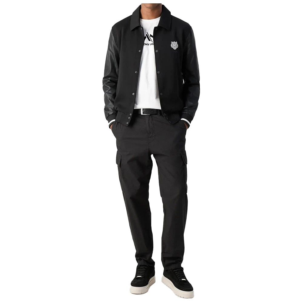 Mens Black Sweatshirt with Leather Sleeves