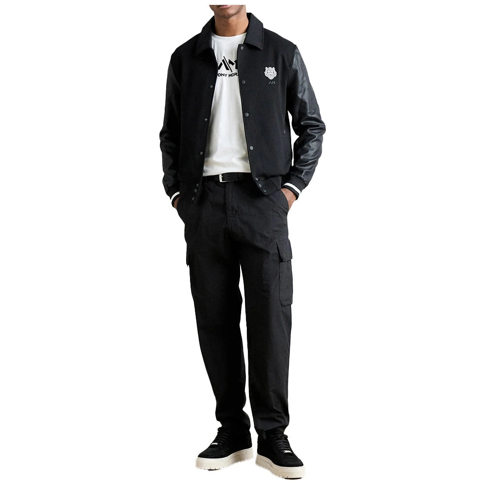 Mens Black Regular Fit Zip Up Sweatshirt with Leather Arms