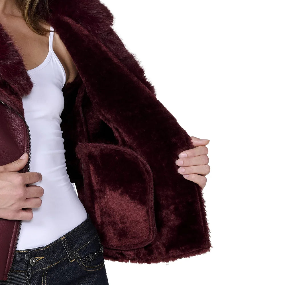 Women’s Burgundy Leather Jacket with Fur Collar