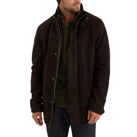 Men’s Cognac Nubuck Cowhide Leather Jacket with Snap Collar