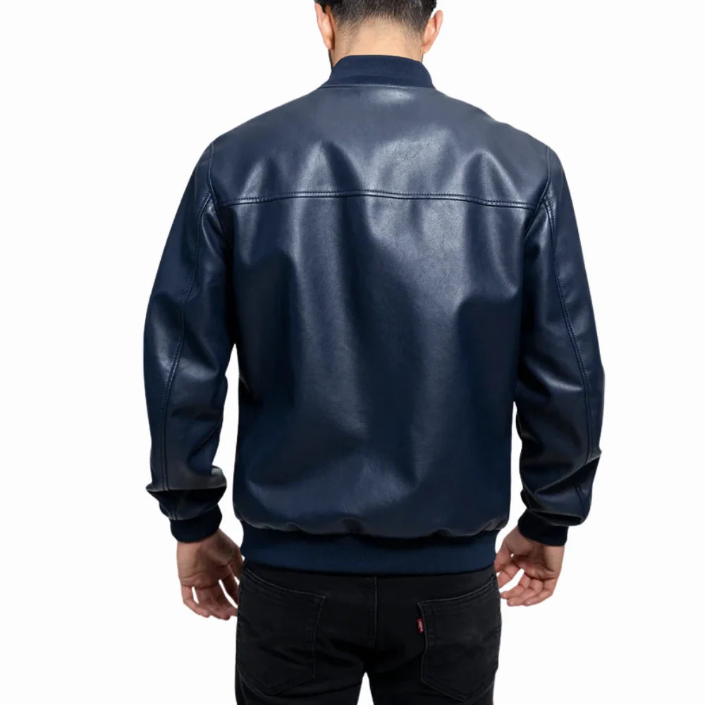 Men's Navy Blue Real Leather Bomber Jacket