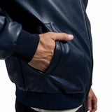 Men's Navy Blue Real Leather Bomber Jacket