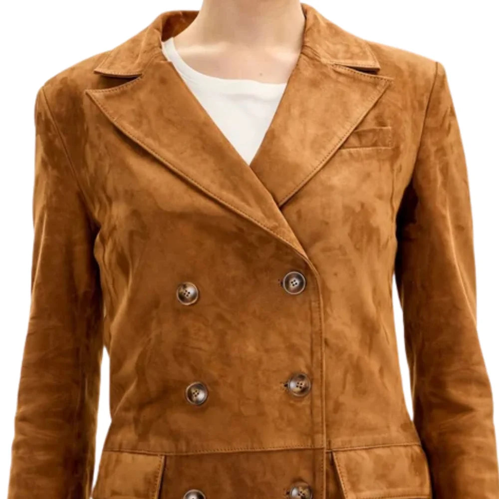 Women’s Brown Suede Double Breasted Long Jacket