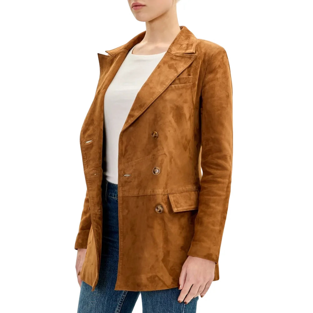Women’s Brown Suede Double Breasted Long Jacket