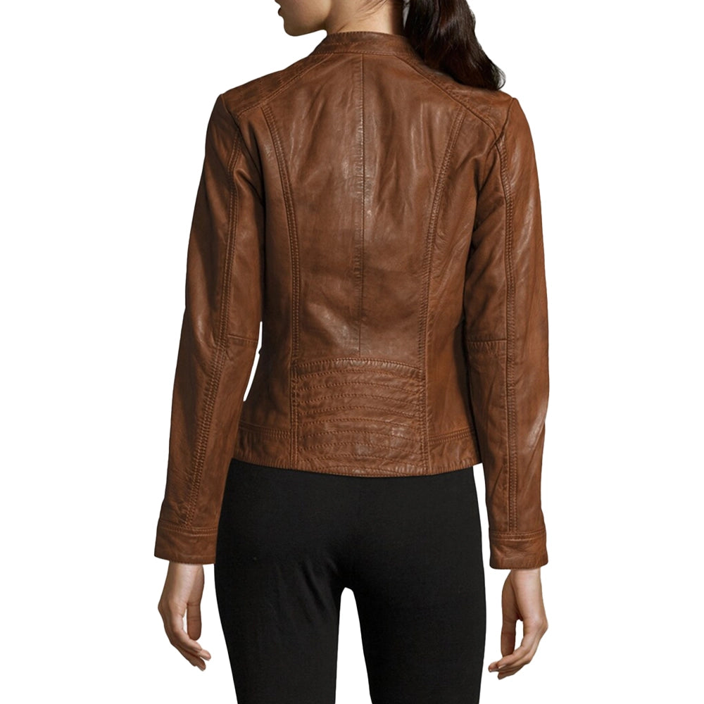 Genuine Biker Brown Cognac Leather Jacket Womens
