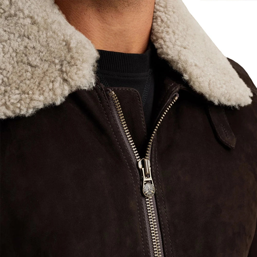 Men's Brown Aviator Nubuck Leather Fur Jacket