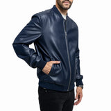 Men's Navy Blue Real Leather Bomber Jacket