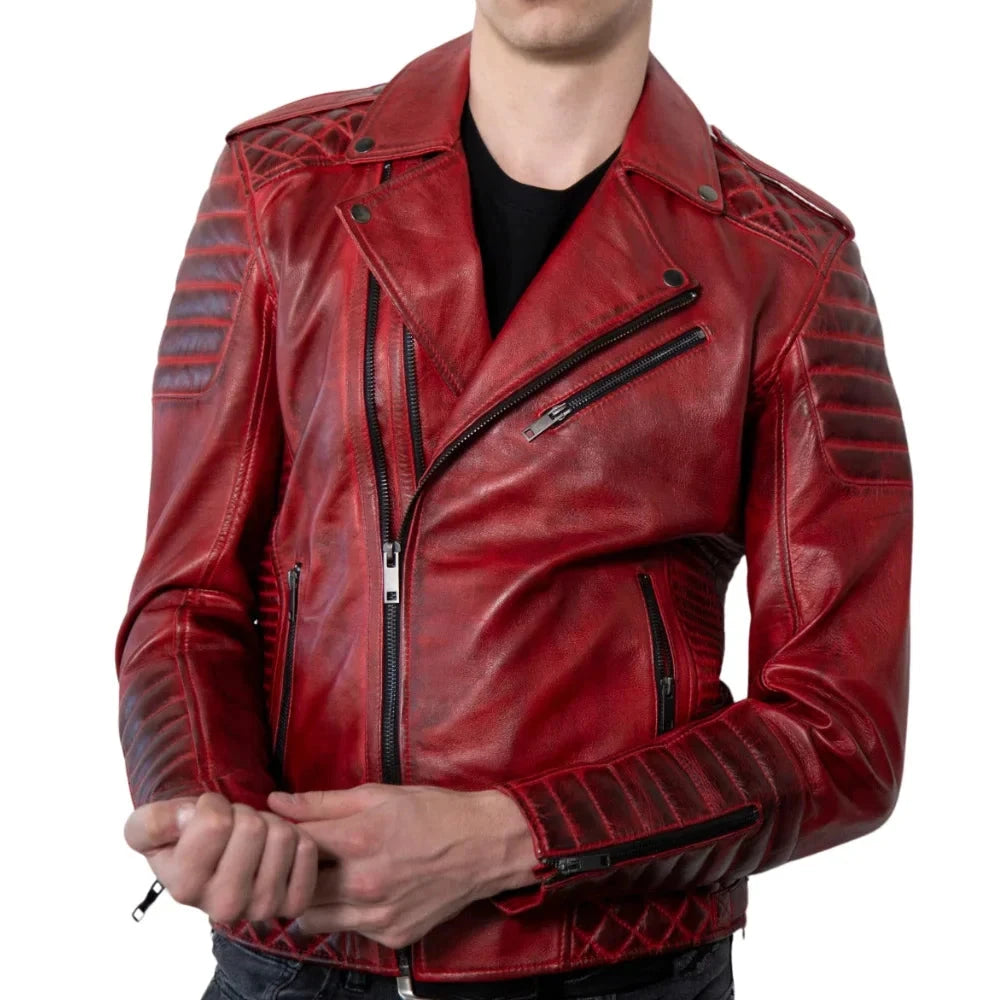 Red Leather Biker Jacket Men's with Quilted Details