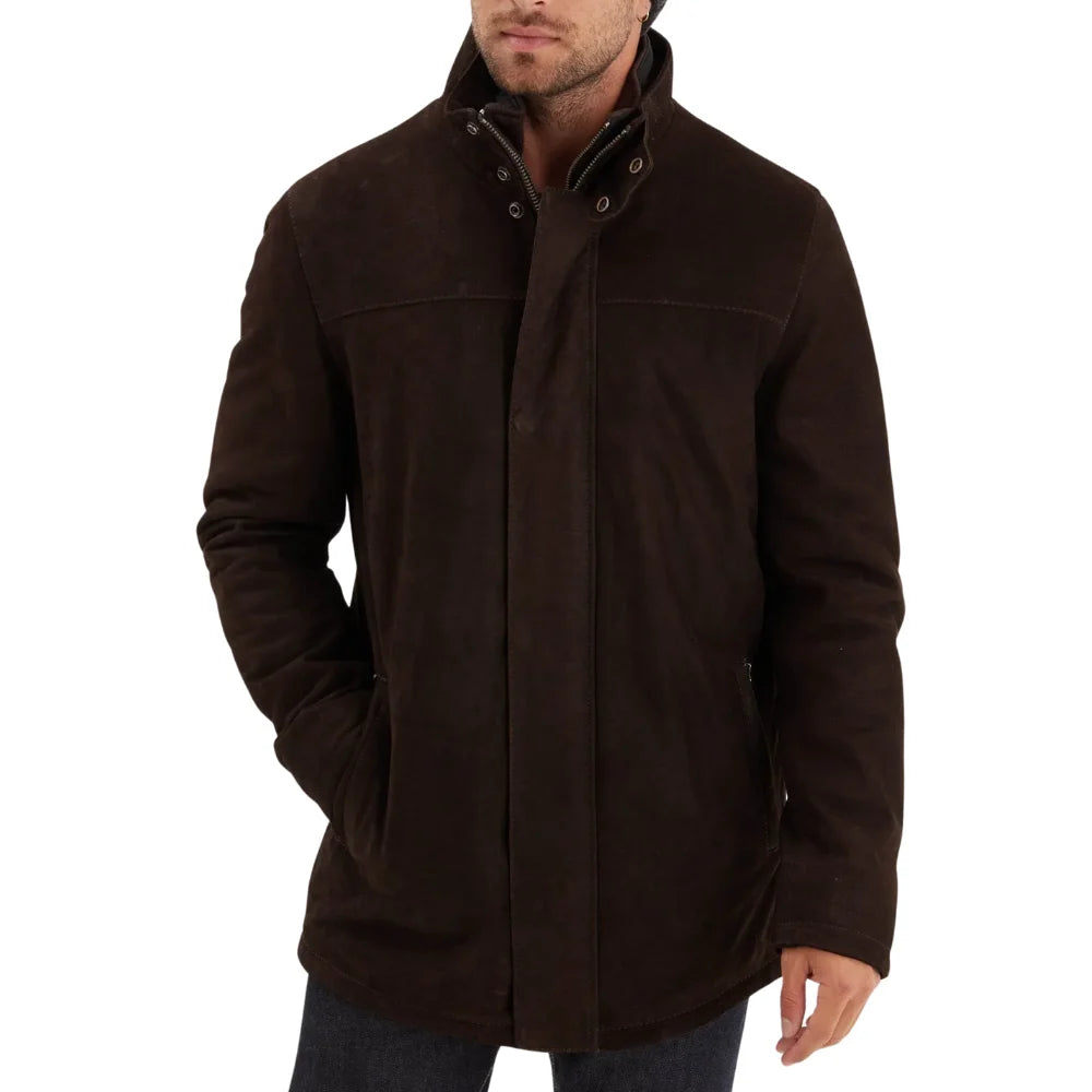 Men’s Cognac Nubuck Cowhide Leather Jacket with Snap Collar