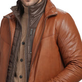 Men's Genuine Brown Lamb Leather Coat with Removable Quilted Vest