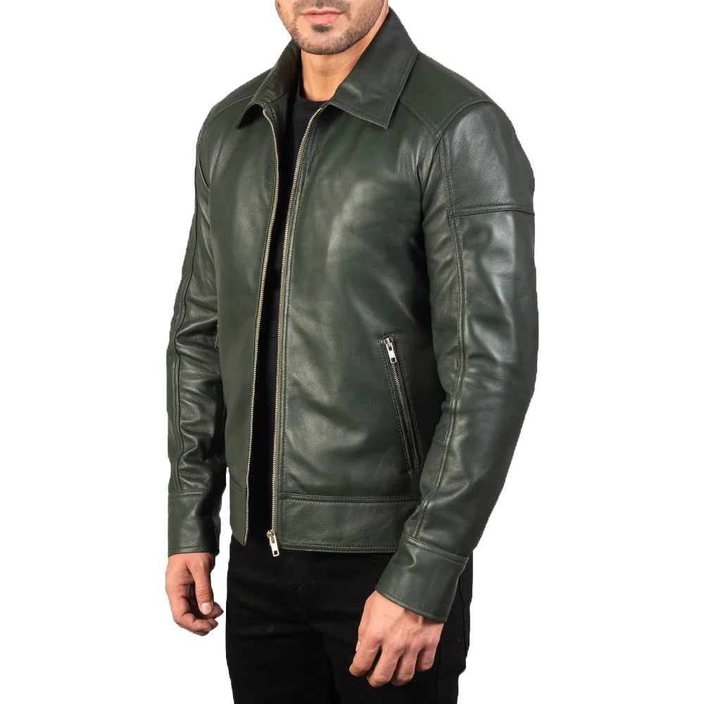 Mens' Green Shirt Collar Real Leather Biker Jacket