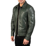 Mens' Green Shirt Collar Real Leather Biker Jacket