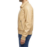 Men’s Beige Bomber Leather Shirt Jacket - Side View