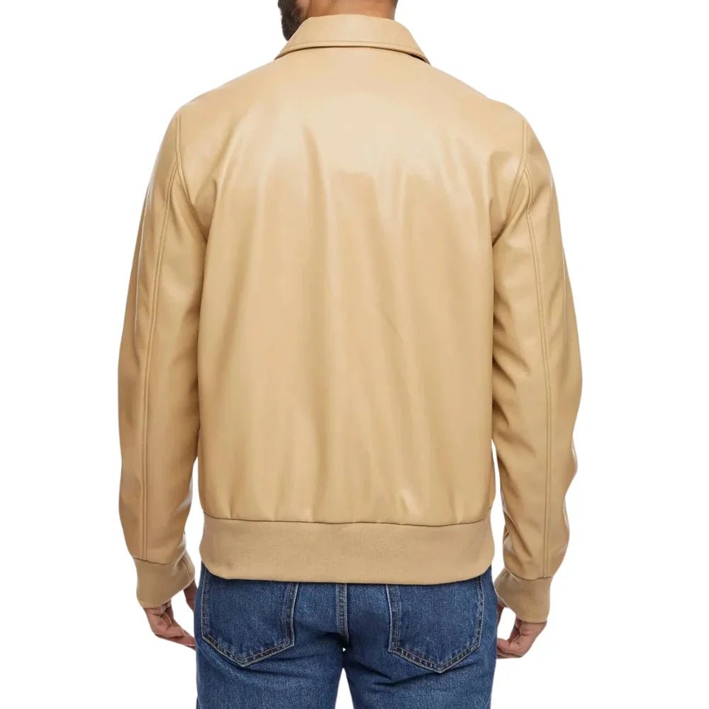 Men’s Beige Bomber Leather Shirt Jacket  - Back View