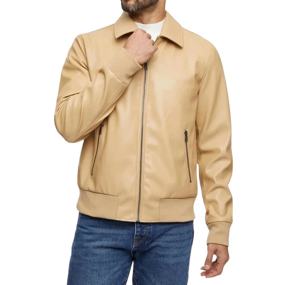Men’s Beige Bomber Leather Shirt Jacket - Front View