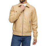 Men’s Beige Bomber Leather Shirt Jacket - Front View