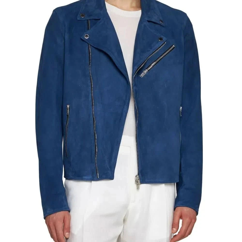 Mens Blue Leather Biker Jacket