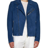 Mens Blue Leather Biker Jacket