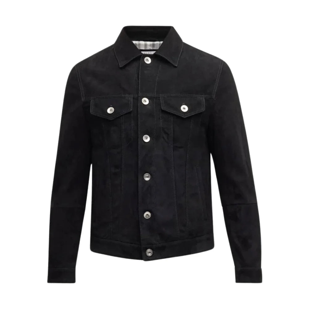 Men's Classic Shirt Collar Black Suede Leather Trucker Jacket
