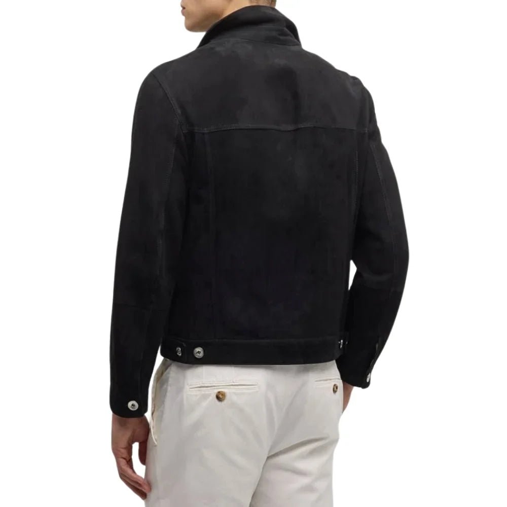Men's Shirt Collar Black Suede Leather Trucker Jacket