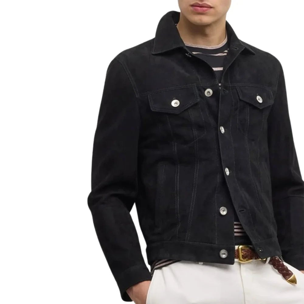 Men's Classic Shirt Collar Suede Leather Trucker Jacket