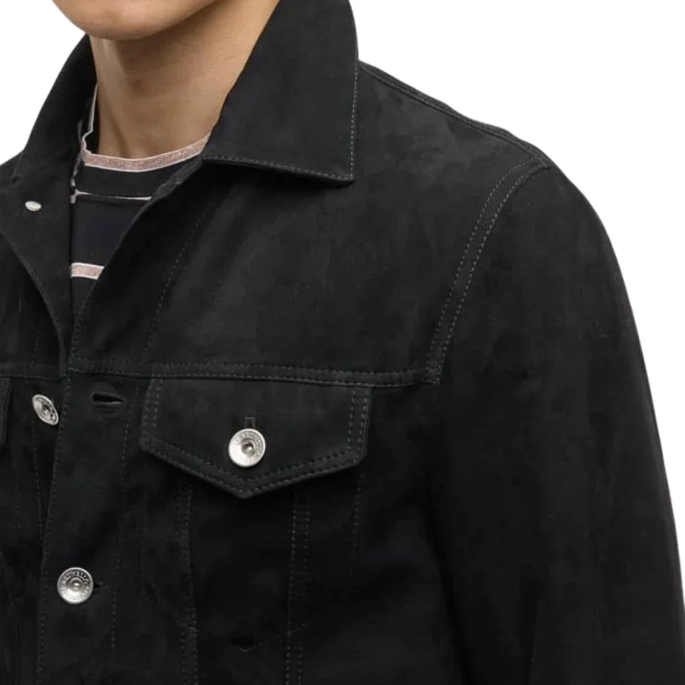 Men's Classic Shirt Collar Black Suede Trucker Jacket