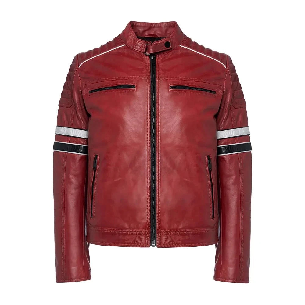 Madrid Mens Quilted Red Leather Racing Jacket with Stripes