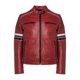 Madrid Mens Quilted Red Leather Racing Jacket with Stripes