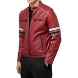 Madrid Quilted Red Leather Racing Jacket with Stripes