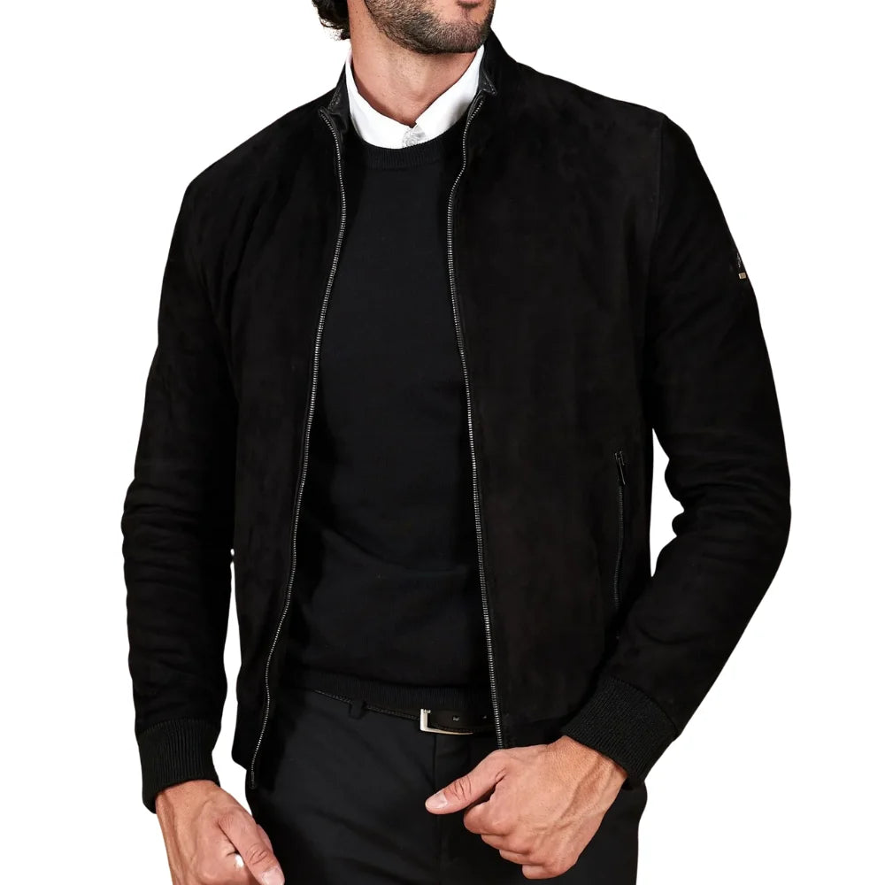 Men's Suede Leather Black Bomber Jacket