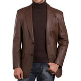 Mens Two Button Notch Lapel Cognac Waxed Leather Blazer