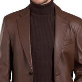 Mens Two Button Notch Lapel Cognac Waxed Leather Blazer