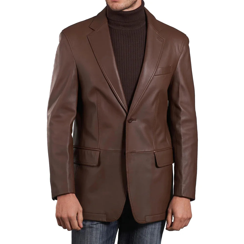 Mens Two Button Notch Lapel Cognac Waxed Leather Blazer