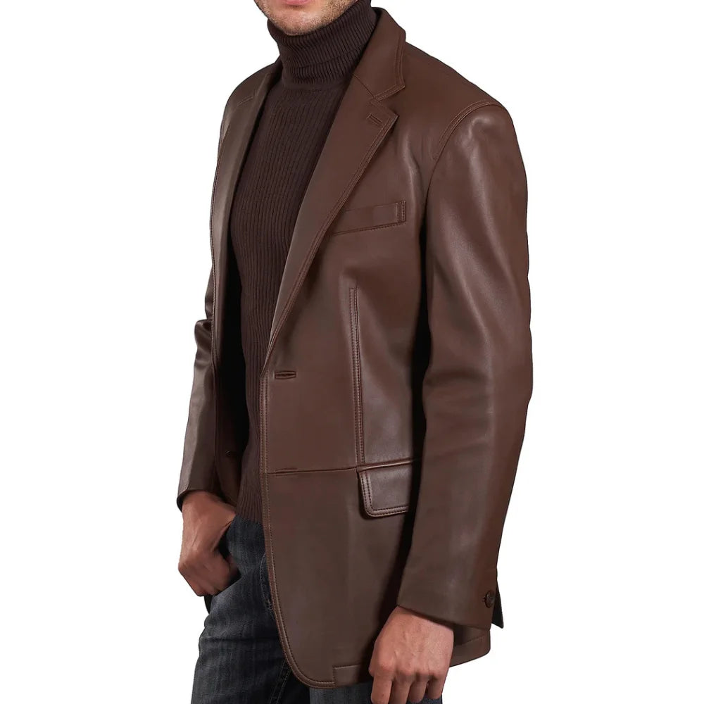 Mens Two Button Notch Lapel Cognac Waxed Leather Blazer