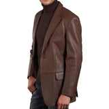 Mens Two Button Notch Lapel Cognac Waxed Leather Blazer