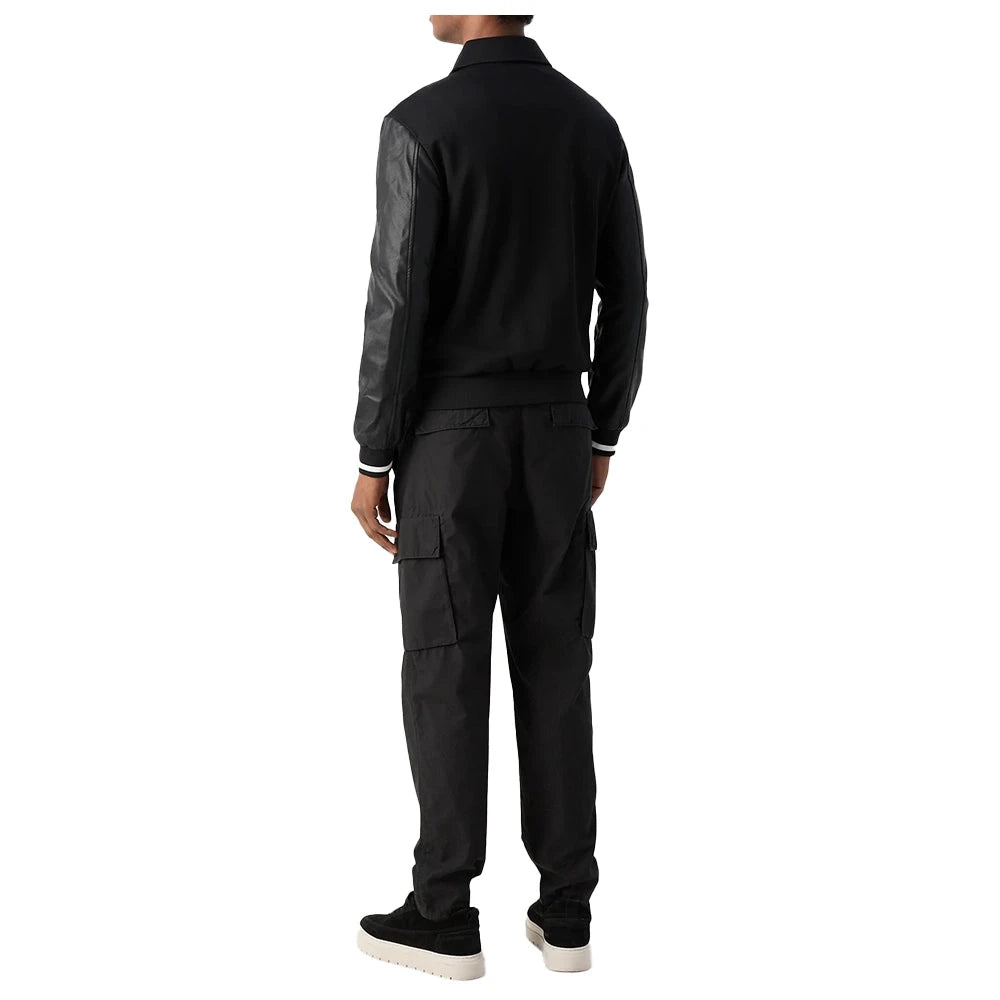 Back View ​Mens Black Regular Fit Zip Up Sweatshirt with Leather Sleeves