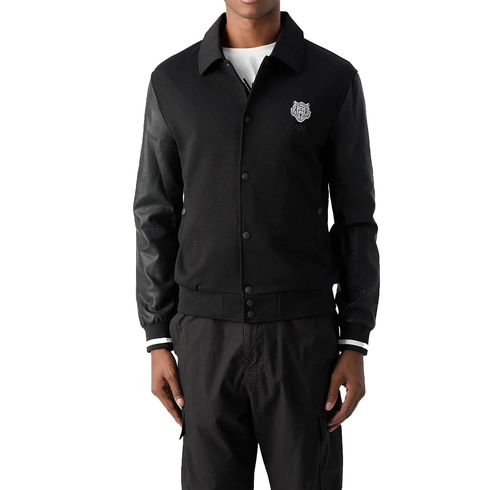 Mens Black Regular Fit Sweatshirt with Leather Sleeves