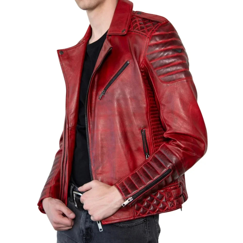 Red Real Leather Jacket Men's with Quilted Details