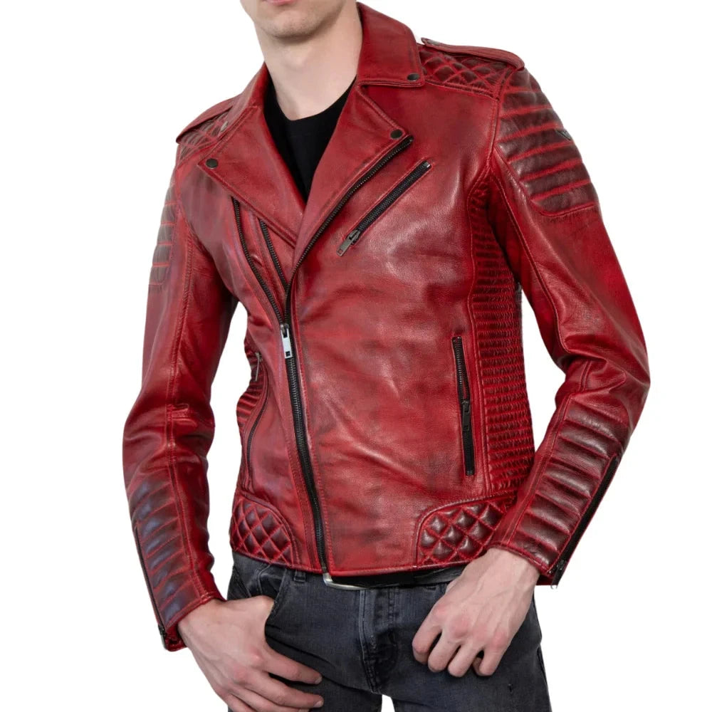 Real Leather Biker Jacket Men's with Quilted Details