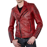 Real Leather Biker Jacket Men's with Quilted Details
