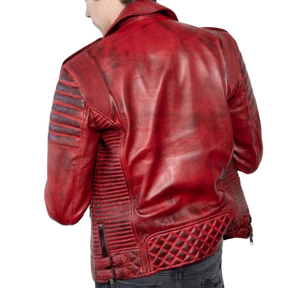 Red Real Leather Biker Jacket Men's with Quilted Details - Back View