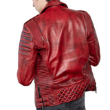 Red Real Leather Biker Jacket Men's with Quilted Details - Back View