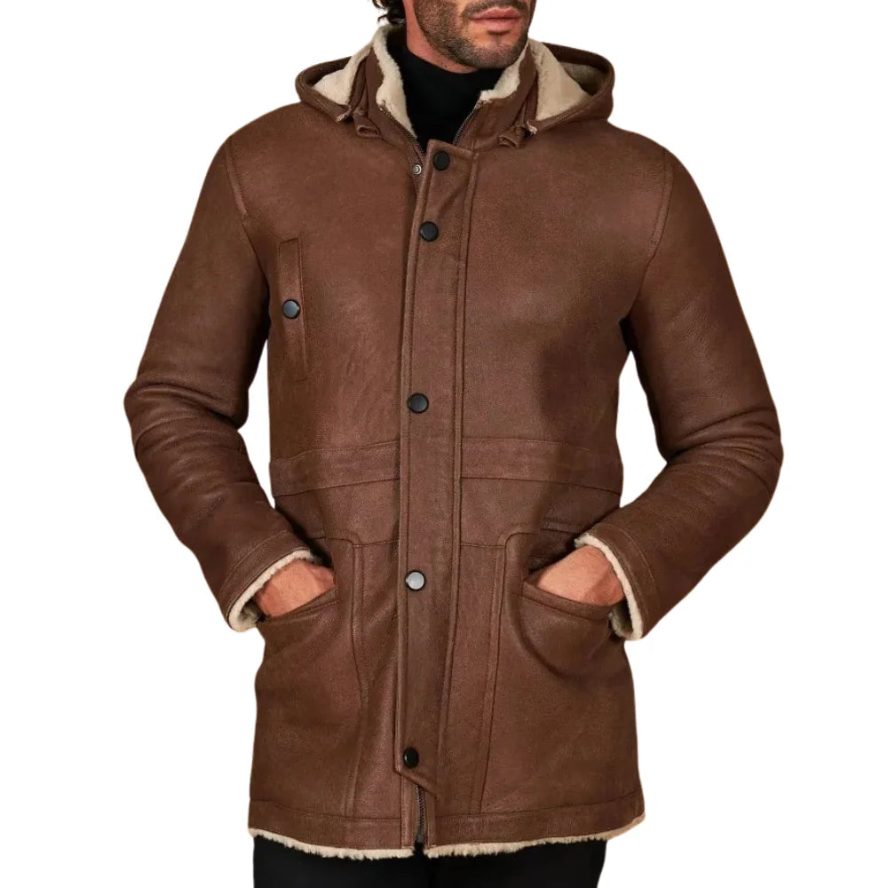 Men’s Tan Shearling Lambskin Leather Coat with Detachable Parka Hood