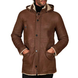 Men’s Tan Shearling Lambskin Leather Coat with Detachable Parka Hood