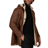 Men’s Tan Shearling Lambskin Leather Coat with Detachable Parka Hood