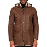Men’s Tan Shearling Lambskin Leather Coat with Detachable Parka Hood