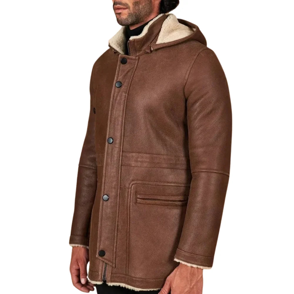 Men’s Tan Shearling Lambskin Leather Coat with Detachable Parka Hood