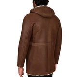 Men’s Tan Shearling Lambskin Leather Coat with Detachable Parka Hood